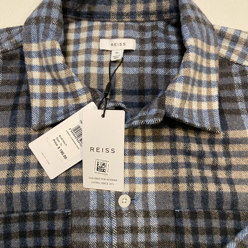 Reiss Men's Checkered Shirt - blue, charcoal , and Tan / cream.